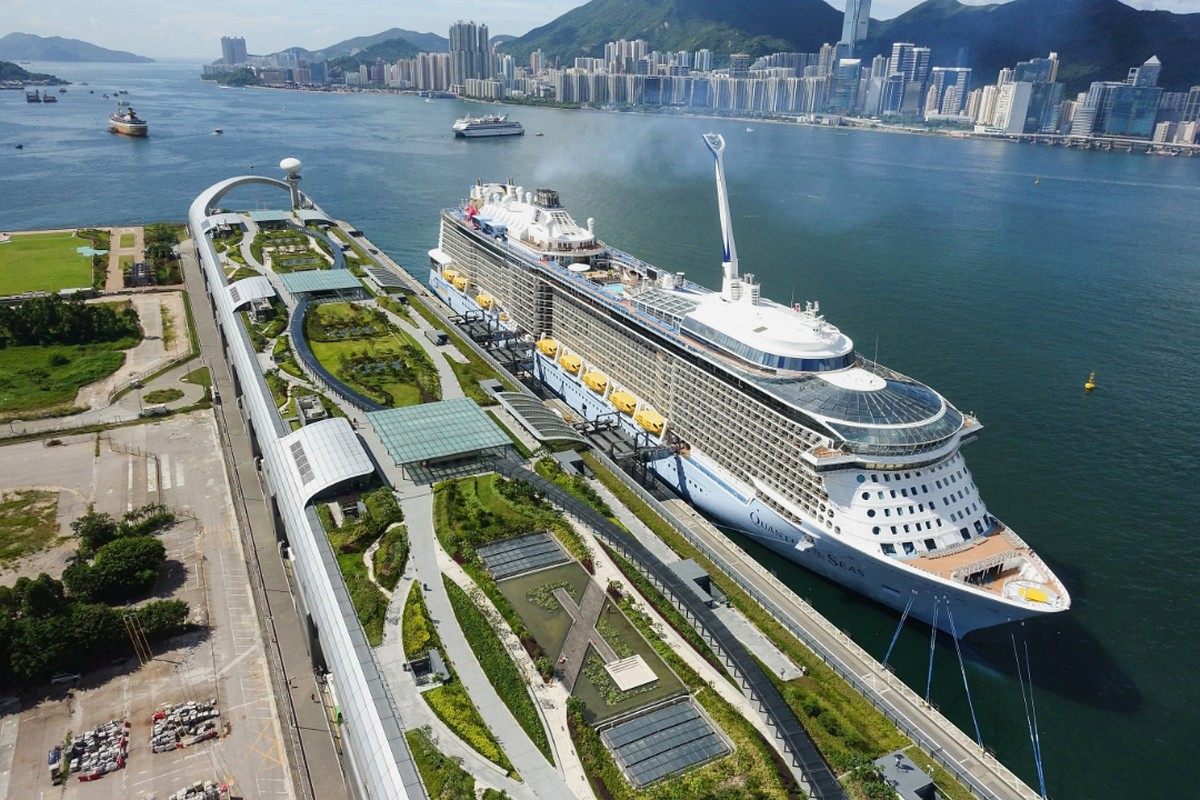 A cruise ship docked at the Kai Tak Cruise Terminal, Hong Kong