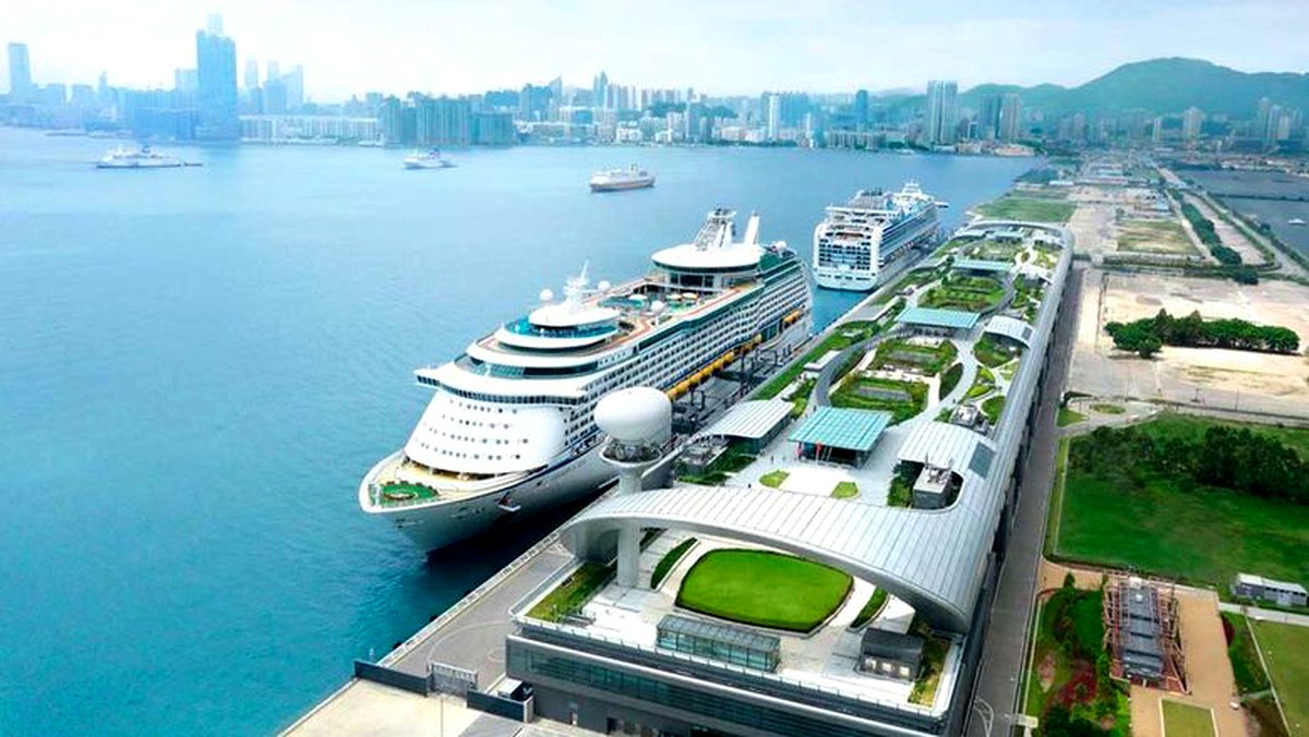 Cruise ships berthed at the Kai Tak Cruise Terminal