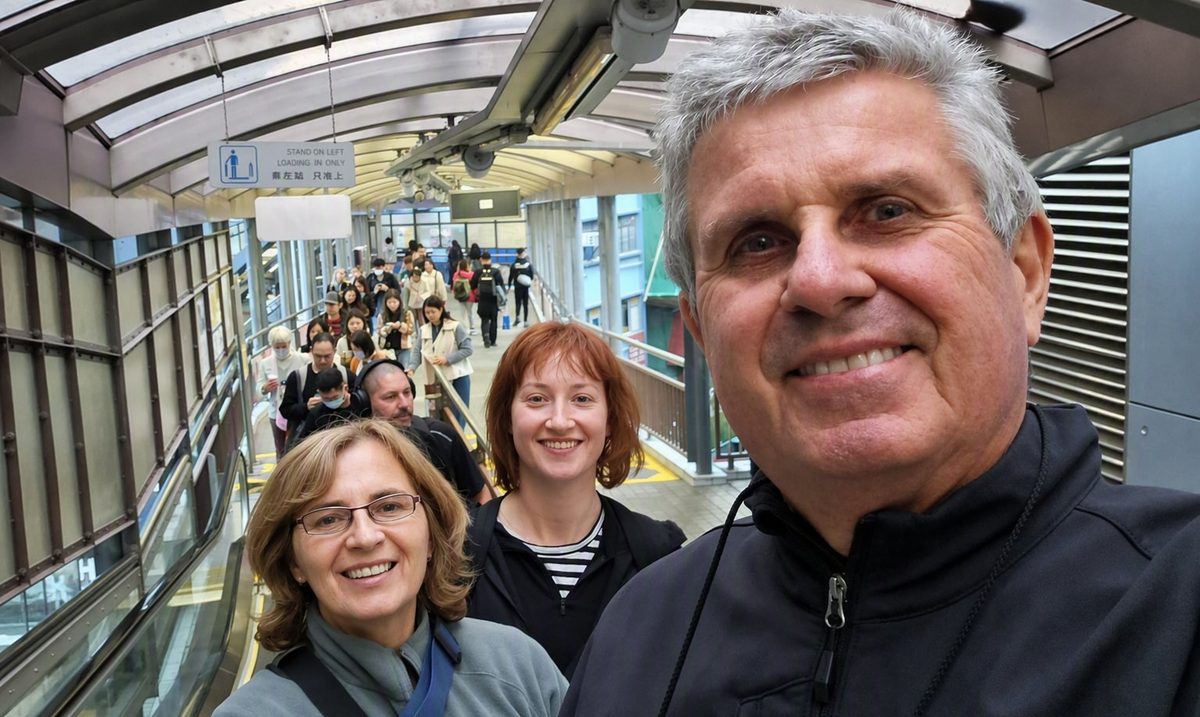 Hans with guests on the Mid-Levels escalator